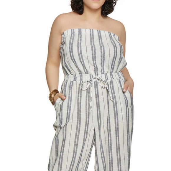 NEW•1X-2X•ZEN BOHEMIAN MODERN MINIMALIST STRIPED LINEN STYLE JUMPSUIT - Picture 5 of 16
